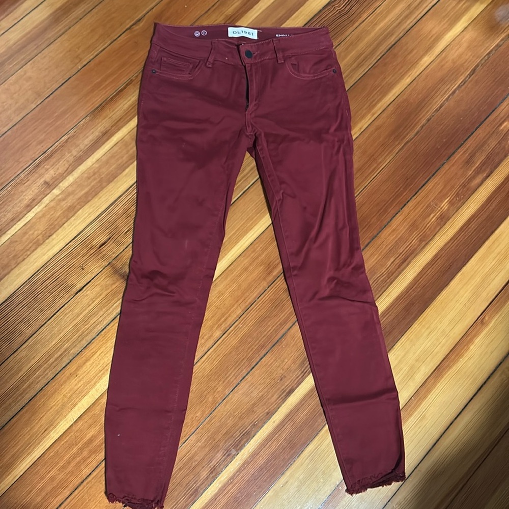 DL 1961
Red/burgundy stretch 
Frayed bottom skinny jeans 
Size 26